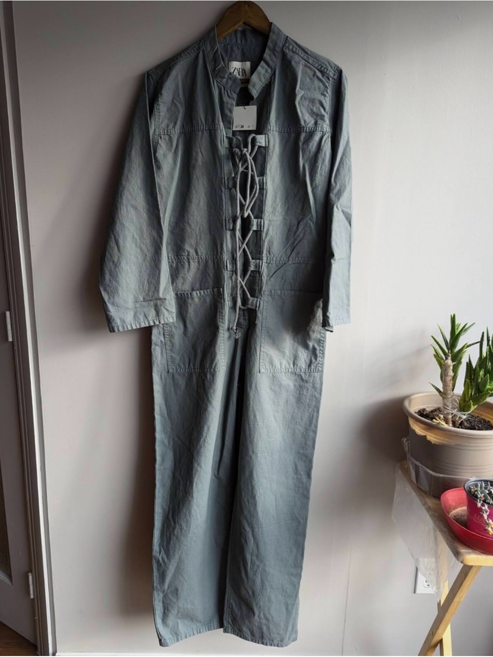 ZARA Light Gray Lace-Up Utility Jumpsuit